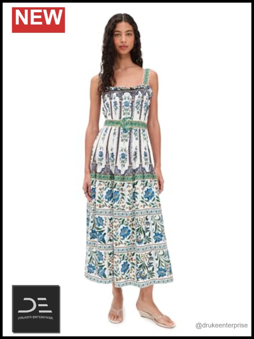 Sleeveless Belted Fit & Flare Maxi Dress Linen Blend Square Neck
